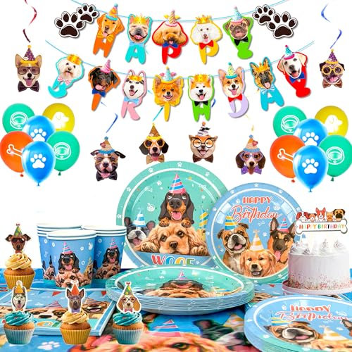 Hund Geburtstag Deko, 97Pcs Dog Theme Birthday Decorations Tableware Set Dog Birthday Banner Partyteller Cups Napkins Tablecloth Luftballons Puppy Cupcake Toppers ect Geburtstagsdeko für Kinder Welpen