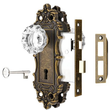 ToPToToo Mortise Lock Set for Interior Door, Antique Brass Door Knobs with Lock and Skeleton Key, Vintage Door Handle Lock Replacement for Interior Doors, Antique Brass Finish