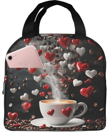 Mexpekil Lunchtasche für Reisen, Arbeit, Picknick, Valentinstag, Liebe, Herzen, Kaffeetassen-Muster, wiederverwendbare Bento-Box, Lunch-Tragetasche, Handtaschen, hohe Kapazität, für Kinder und