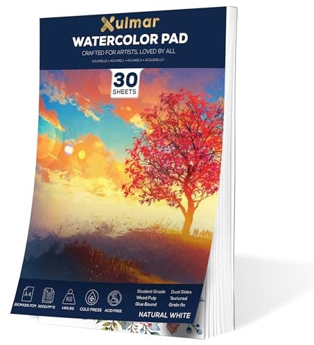 Xulmar Watercolour Paper Pad - A4 x 30 Sheets, 300 GSM Cold-Pressed, Student-Grade Sketchbook – Natural White, Glue-Bound for Watercolor, Gouache, Acrylic & Mixed Media Painting