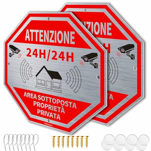 Cartello area videosorvegliata 24H per ragioni di sicurezza in Alluminio, 2 CCTV Cartello Cm 20 x 20, Cartelli videosorveglianza per negozio e proprietà privata lunga durata (Proprietà privata)
