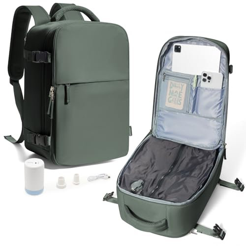 suradar Zaino Sottovuoto Viaggio, Zaino Ryanair 40x20x25 Con Pompa Sottovuoto Travel Backpack Bagaglio a Mano 40x20x25 Ryanair Aereo Zaini 14 Pollici Porta PC Verde militare