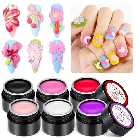 SAVILAND 6 Colori Gel 3D Nail Art Kit, Gel per Scultura 3D Bianco Rosa Nero Viola Multifunzione, Modellazione di Motivi per Decorazione, Nail Art Design Salone o Fai da Te a Casa