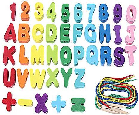 41 Stück Montessori Holzspielzeug, Holzspielzeug Fädelspiel Lernspiel Spielzeug Spielzeug a b 2 3 4 5 6 Jahre für K inder, H olzperlen Enthalten Buchstaben Zahlen (Multicolor, One Size)