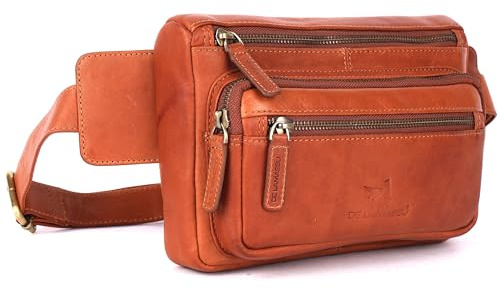 DE LAMASSU® Isla Gürteltasche aus Echtleder – Unisex Bauchtasche für Damen & Herren – Vintage Crossbody Hüfttasche 23×16×4 cm – Verstellbarer Gurt, Geschenkbox (Cognac)