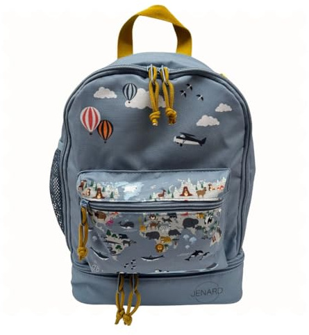 Jenard® Kinderrucksack – Leichter Rucksack für Kindergarten, Schule, Sport & Ausflüge | Reflektoren | Fächer für Brotdosen & Trinkflaschen | BPA-frei (Blau/Tiere auf Weltkarte)