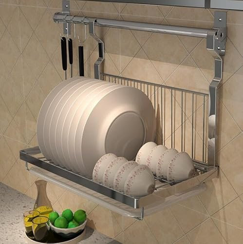 Escurridor para platos de pared con bandeja de goteo extraíble, acero inoxidable, soporte plegable para platos y cuencos, instalación sin taladros, incluye barra colgante de 40 cm, organizador de