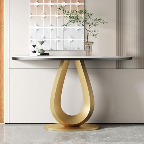 POWRZZZY Console Moderne en Demi-Lune,Table Console Noir/Blanc/Doré,Table de Couloir avec Bureau en Imitation Marbre,avec Base en U,Stable et Résistant,pour Salon(Gold,120x35x80cm)