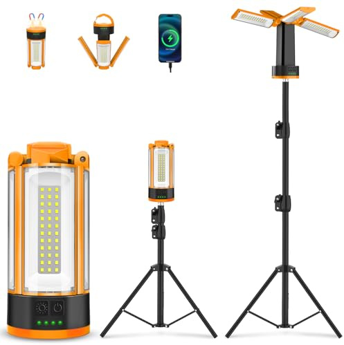 T-SUN Baustrahler LED mit Stativ, 6000K Wiederaufladbare Arbeitslicht mit 10400mAh Akku, Teleskopstativ und Tragetasche, Kabellose LED Arbeitsleuchte Akku Strahler Für Camping Garage Baustelle(Orange)