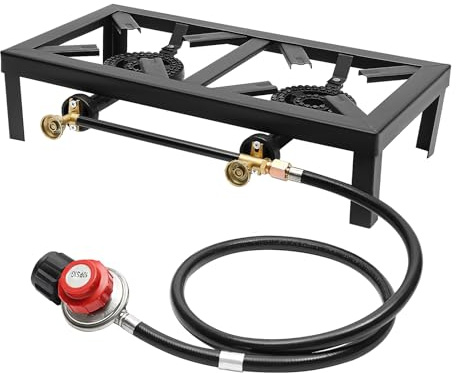 Camping Gas Stove, 2 Burner BBQ Cooker, 8000W Cast Iron, Adjustable Heat with Regulator Hose for Outdoor Cooking