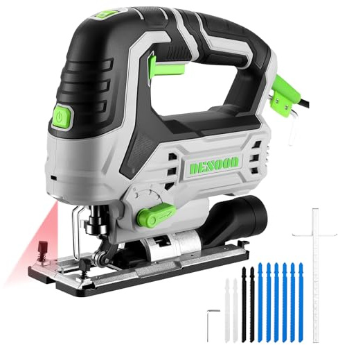 Stichsäge Elektro-stichsägen 800W : DESOON 800-3000 SPM mit Laser & LED, ±45° Neigungsschnitt, Aluminium-Basisplatte, 10 Sägeblätter, Staubabsaugung, Säge Multifunktional für Holz, Metall & Kunststoff