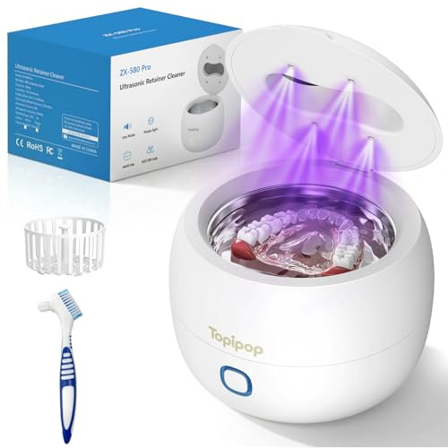 Topipop Ultraschallreinigungsgerät Zahnschiene, 45K Hz UV Dental Pod | 200 ml Ultraschallreiniger für Zahnschiene, Zahnersatz, Retainer, Aligner, Prothesen, Ultrasonic Cleaner mit 3 Modi (Weiß)