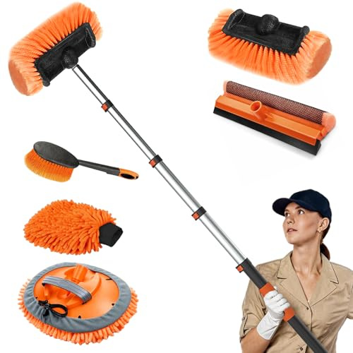 SISUPASSIE 4.8m Car Wash Brush Long Handle, Car Cleaning Brush Kit with Soft Bristle Brush, Telescopic Window Cleaner, Microfiber Wash Mop, Wheel Brush, Mitt for Cleaning Caravan, Boat, Solar Panels