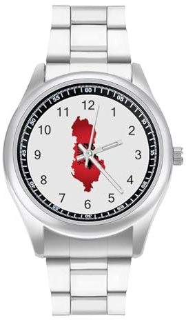 Albanien-Flagge mit Karte, klassische Herren-Armbanduhr, Edelstahlband, analog, Quarz, Business-Armbanduhr