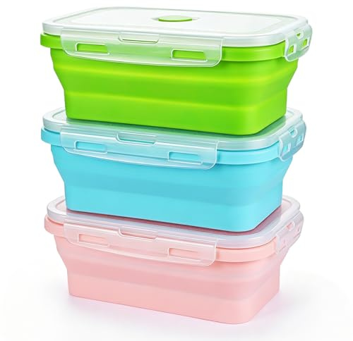 ICEBLUEOR 3 recipientes plegables para alimentos con tapa, 800 ml de silicona sin BPA, juego de cajas de sándwich, cuencos plegables portátiles para cocina, viajes, picnic, microondas y congelador