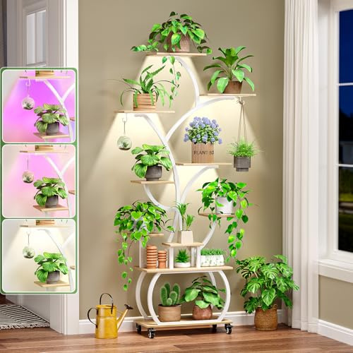 VINGLI Support Plantes avec Lampe de Croissance À 8 Niveaux, etagere plante en Fer et Bois sur Roues, 161,5 x 79 x 26 cm, pour Salon Balcon, Tube Blanc + Panneau Chêne 4 sorties LED
