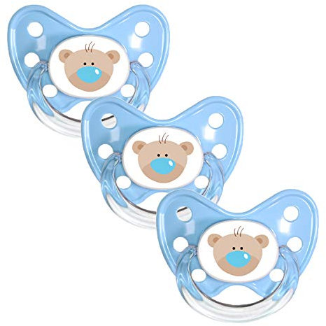 Dentistar Set di 3 Ciucci Ortodontici in Silicone – Taglia 3, da 14 mesi – Il ciuccio per bambini previene il disallineamento dei denti – Fatto in Germania – Senza BPA – Orso, Blu
