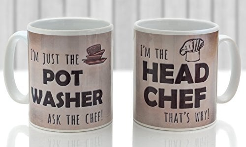 Head Chef and Pot Washer 2 Mug Set. Funny Gift for Any Couple in Rustic Coffee Colored Design.