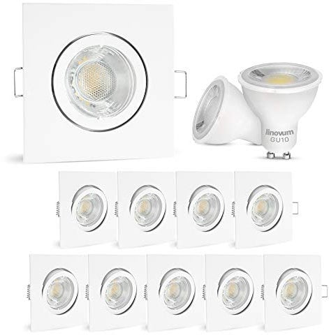 linovum 10 Stück LED Einbauleuchte weiß Set - inkl. LED GU10 6W neutralweißes Licht - schwenkbare Einbaustrahler Einbauleuchten eckig