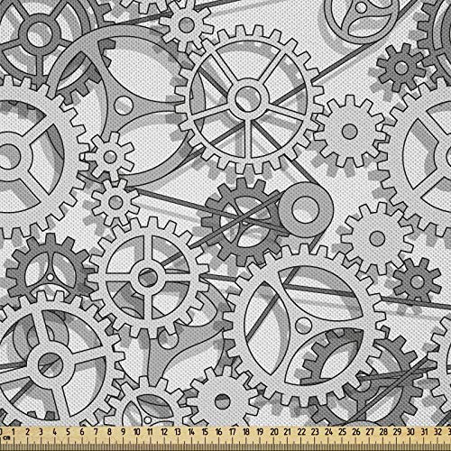 ABAKUHAUS Steampunk Satin Stoff als Meterware, Grau-Ton-Getriebe-Design, Zum Nähen Toller Stoff für Heimtextilien Aller Art, 3M (148x300cm), Weiß und Grau