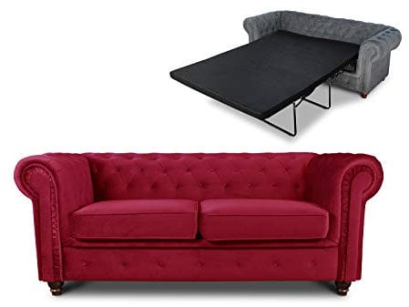 Schlafsofa Chesterfield Asti Bis 2-Sitzer, Sofa mit Schlaffunktion, Couch 2-er, Couchgarnitur, Sofagarnitur, Holzfüße, Glamour (Rot (Velvet 59))