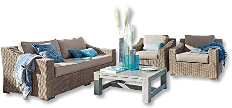 Loberon Sitzgruppe Chestingdale, robuste Sitzmöbel, inkl. Outdoor-Couchtisch, wetterfeste Kissenbezüge wasch- & abnehmbar, Gartenmöbel, Aluminium, Polyrattan, Akazienholz, braun