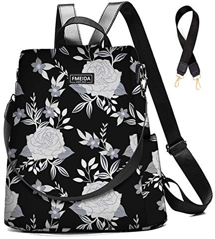 Fmeida Rucksack Damen Anti Diebstahl Handtaschen Wasserdichte Nylon Schulrucksack 2 in 1 Schultertasche Shopper Casual Daypack Reiserucksack für Frauen Mädchen (Blumen Schwarz)
