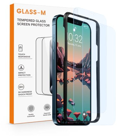 GLASS-M [2 Pack Anti-Blue Light Screen Protector for iPhone 12/12 Pro, Eye Protection Tempered Glass Film with Easy Installation Frame, Blue Light Filter Screen Cover
