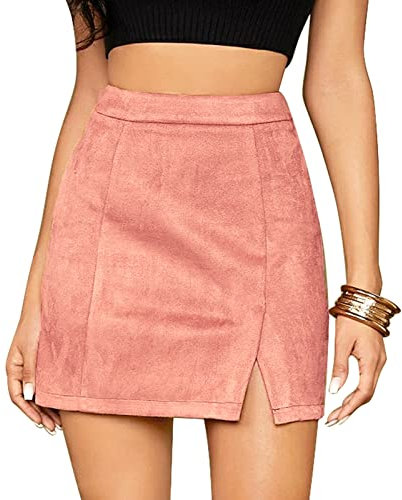 Maeau - Femme Mini Jupe Moulante Taille Haute en Suédé Dame Jupe Crayon Courte Ourlet Fendu sur Le côté Jupe Fermeture Éclair pour Fête Quotidien Travail Faux Suede Skirt - Rose - XL