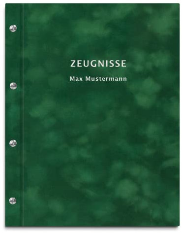 Personalisierte Zeugnismappe in grüner Samtoptik – 2-zeiliger Wunschtext als Prägung – 12 Hüllen für DIN-A4 Dokumente