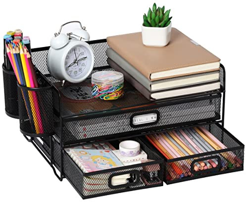 Vikmyer 3-Trays Desktop Organizer mit Schublade, Mesh Büro Schreibtisch liefert Organizer Dokumenten Buchstaben Tray Halter für Büro Home (2 Stifthalter)