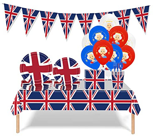124Pcs Union Jack Party Supplies, Union Jack Tablecloth/Bunting Flags/Napkins/Cups/Paper Plates/Dinnerware Set for 2022 Disposable Dinnerware Set (#C 124PCS)