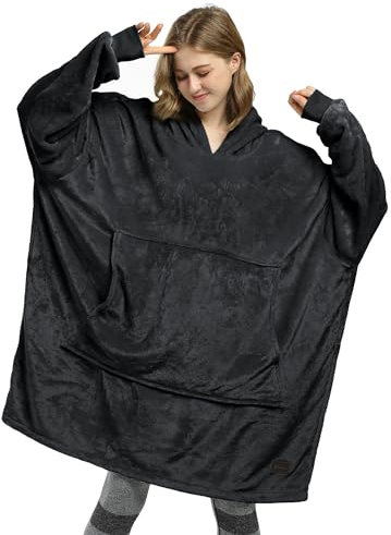 Übergroße Fleece Hoodie Decke Schwarz, Warme Großes Kapuzendecke Tragbare Decke zum Anziehen , Flauschige Kapuzenpulli Decke mit Ärmeln und Kapuze als Geschenkidee für Damen und Herren