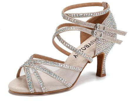 RUYBOZRY Scarpe da Ballo Donna Latino Stivaletti Aperti Donna con Tacco Scarpe da Ballo Strass Salsa Bachata Scarpe da Ballo di Nozze,YCL508-Gold-7.5,EU 35