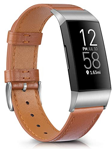 Vancle Kompatibel mit Charge 4 Armband/Charge 3 Armband, Weiches Leder Ersatzarmband für Charge 4 / Charge 3 Damen Herren (Braun)