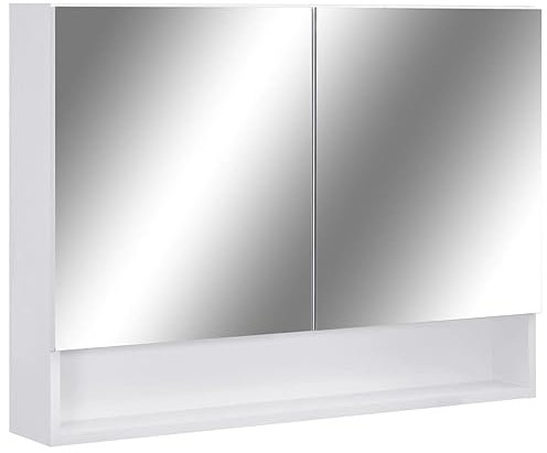 vidaXL LED Bathroom Mirror Cabinet, White, 80x15x60 cm, MDF, Modern Wall-Mounted Design, Illuminating LED Strip, Ample Storage Space with Adjustable Partition
