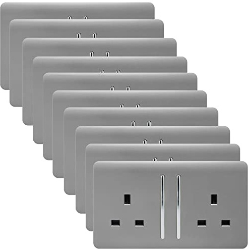 Trendi 2 Gang Artistic Modern Glossy 13 Amp Switched Tactile Plug Socket Light Grey (10 Pack)