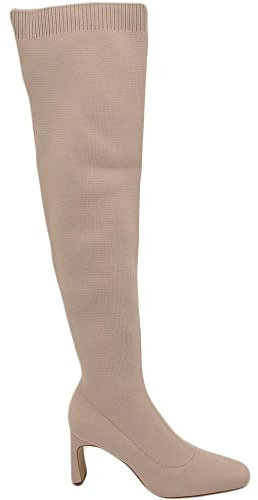 Stivali Alti Donna sopra al Ginocchio in Tessuto Beige a Punta Quadrata Tacco 6 cm Zip Aderente Effetto calzino Basic (36 EU)