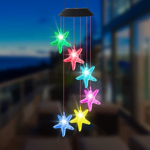 NICEWAT Solar Windspiel,Solar Windspiel für den Außenbereich, LED Transparente Seesterne Solar Windspiel Farbwechsel, Gartenglockenspiel für Garten Baum Terrasse Deck Hof Rasen Hinterhöfe Balkon