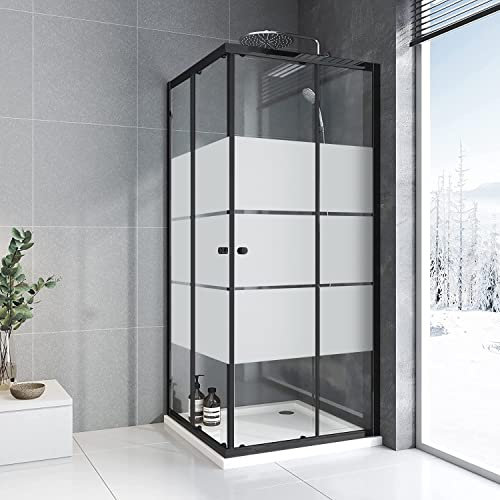 Duschkabine 90x90cm Eckeinstieg mit Schiebetüren,6mm ESG Glas Duschabtrennung Doppel Schiebetür mit weißen Streifen,Über Einer Duschwanne Oder Fliesen Montiert,Höhe 185 cm,Schwarz(Ohne Duschtasse)
