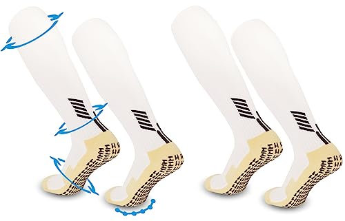 FIBOGOUP 2 Paar Fußballsocken für Kinder | Weiß Universalgröße 32-38 | Flexibel, Rutschfest | Knöchel- und Fußgewölbestütze | Perfekter Sitz, atmungsaktiv | Trete jeden Ball perfekt.