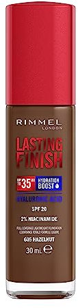 Rimmel Lasting Finish 35Hr Foundation 605 Hazelnut, Full Coverage, Hydrating, SPF20, Hyaluronic Acid, Vitamin E, 2% Niacinamide, All Day Wear, Vegan, Cruelty Free