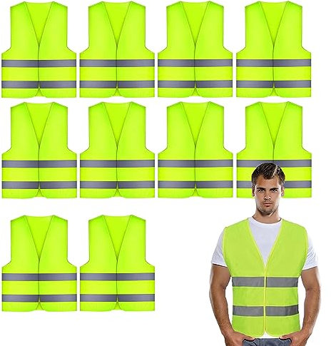 SALADOCY 10 Stück Warnwesten Auto, Warnweste Auto Damen Herren Erwachsene, high Visibility Vest, Einheitsgröße, Sicherheits Set
