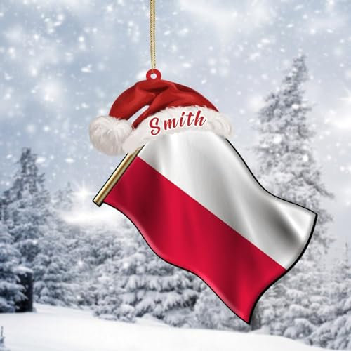 Nationalflaggen 2D Acryl Weihnachtsschmuck, benutzerdefinierter Name Polen Flagge Ornamente für Weihnachtsbaum hängende Dekoration, lustige Weihnachtskugeln Strumpffüller für Kinder Familie