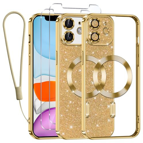 Kokio Funda Glitter Magnética para iPhone 11 con Cuerda [Compatible con MagSafe] Brillante Silicona Funda para iPhone 11 con 2 Piezas Cristal Templado Anti-Choque Carcasa, Oro