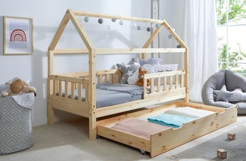 TiCAA Kinderbett Bodenbett Hausbett Kay Kiefer inkl. Schubkästen