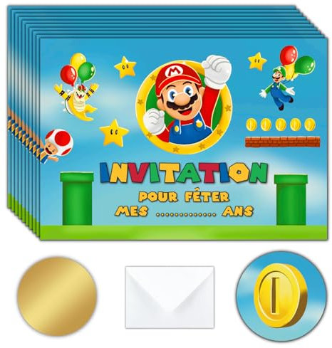 Magik Moments Kit Création Invitation Anniversaire Enfant à Gratter | Thème Mario | 10 Cartes avec Stickers, Enveloppes et Autocollants dorés | Idée Originale Fête Anniversaire