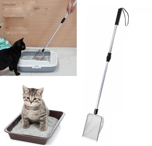 Pala per lettiera per gatti con manico allungato, paletta telescopica per lettiera per gatti con manico lungo, in metallo, paletta per lettiera per gatti con comodo manico (rete: 3,8 x 3,8 mm)