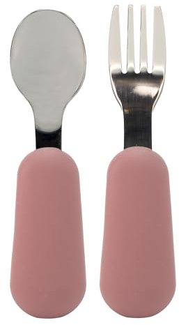 BABYZOCO Cubiertos bebe silicona y acero Inoxidable, cubiertos de iniciación, Set de cuchara y tenedor ergonómicos bebe, Cubiertos aprendizaje bebés, Desde 2 años, Diseño moderno, Rosa