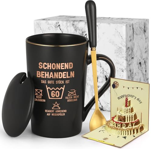 Joymaking 60. Geburtstag Geschenke für Frauen Kaffee Tasse Geburtstagsgeschenke mit Spruch Schonend behandeln Das gute Stück ist 60, Lustige Geschenkidee Geburtstag zum 60. Frauen, 400ml Schwarz